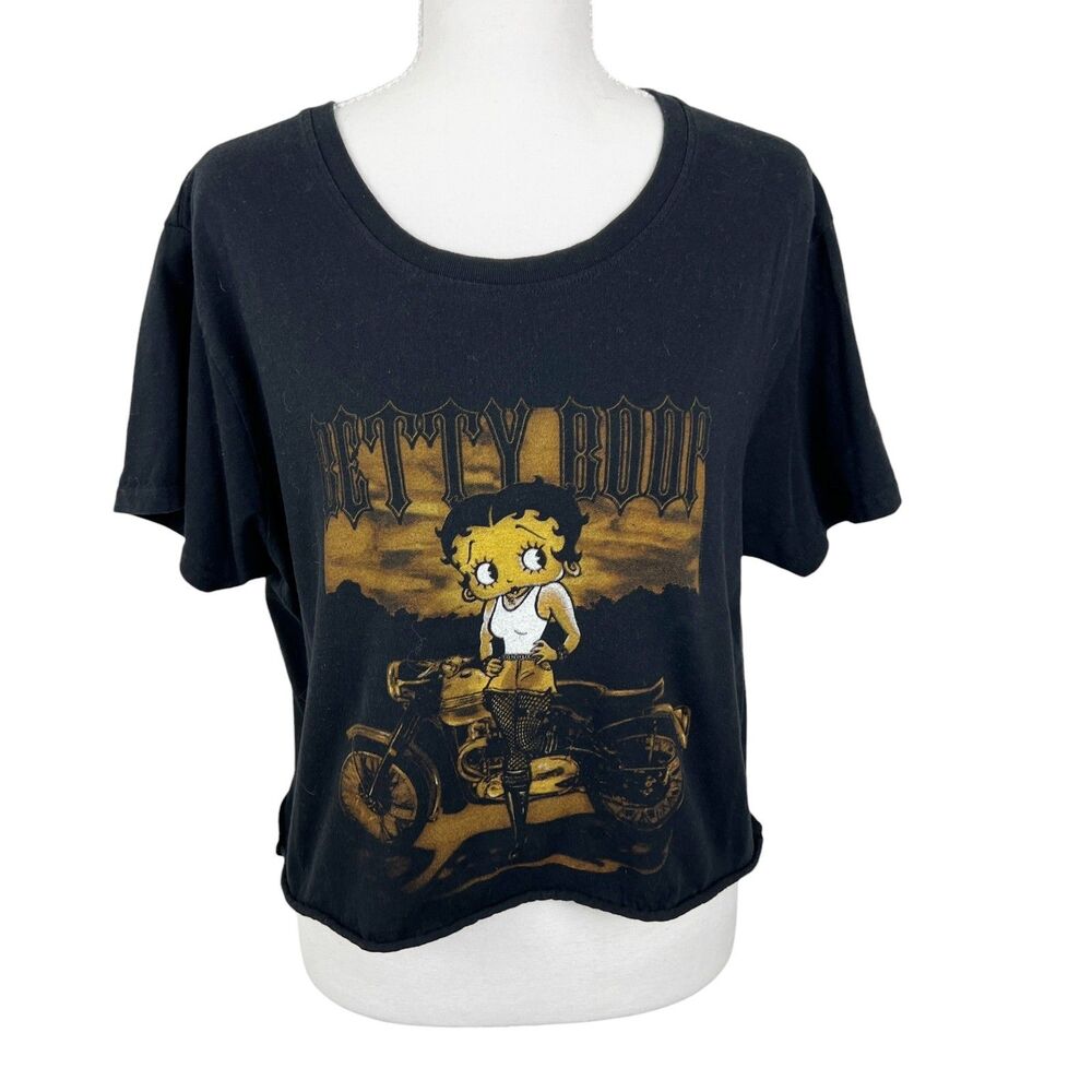 Betty Boop Cropped Tee Shirt Women XL Black Graphic Biker Short Sleeve Tee